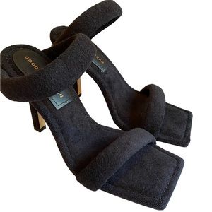 NEW Good American Terry Cloth Ankle Strap Stiletto Square Toe Heels, Dust Bag